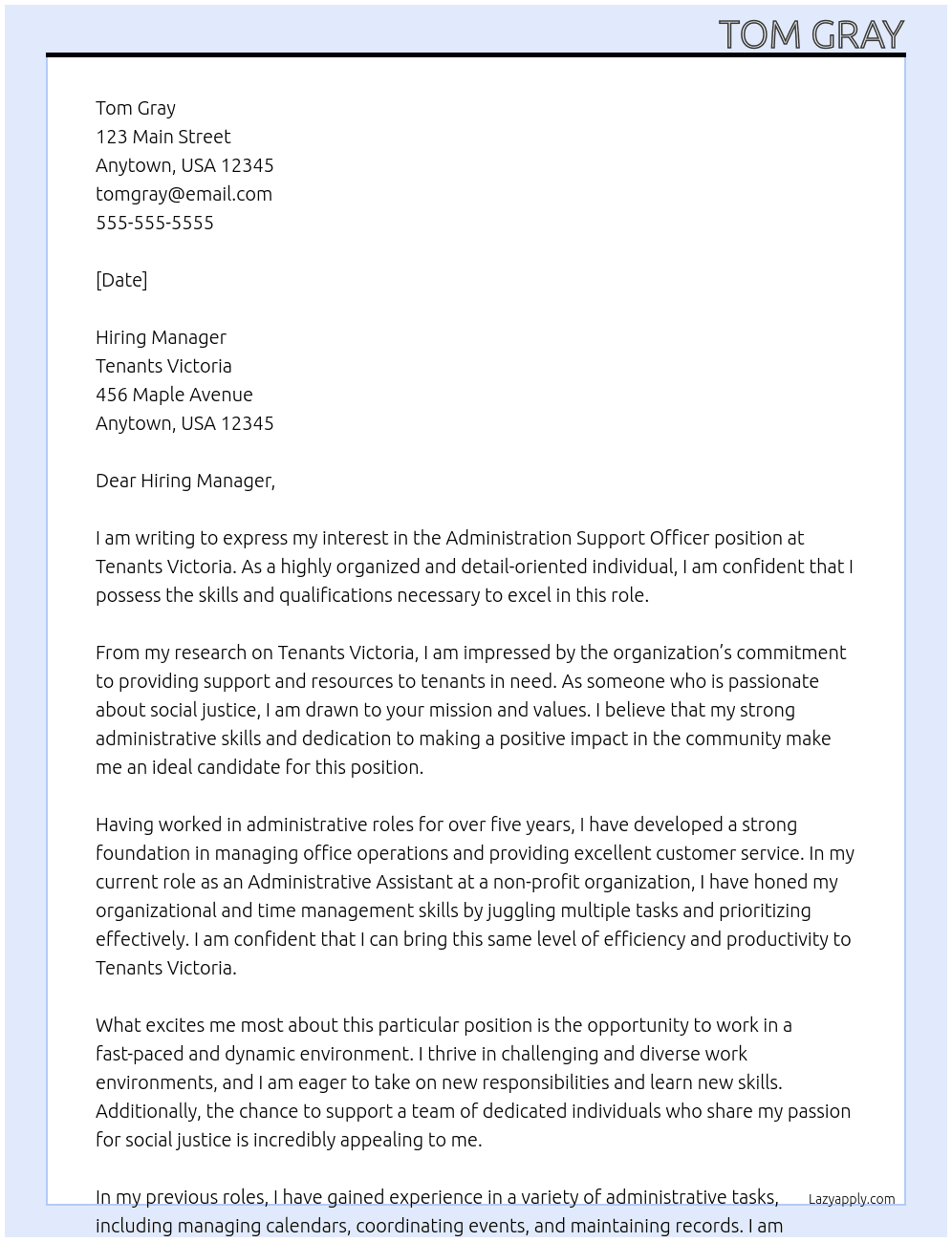 Administration Support Officer At Tenants Victoria Cover Letter