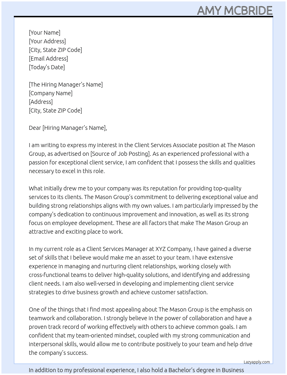 Client Services Associate At The Mason Group Cover Letter