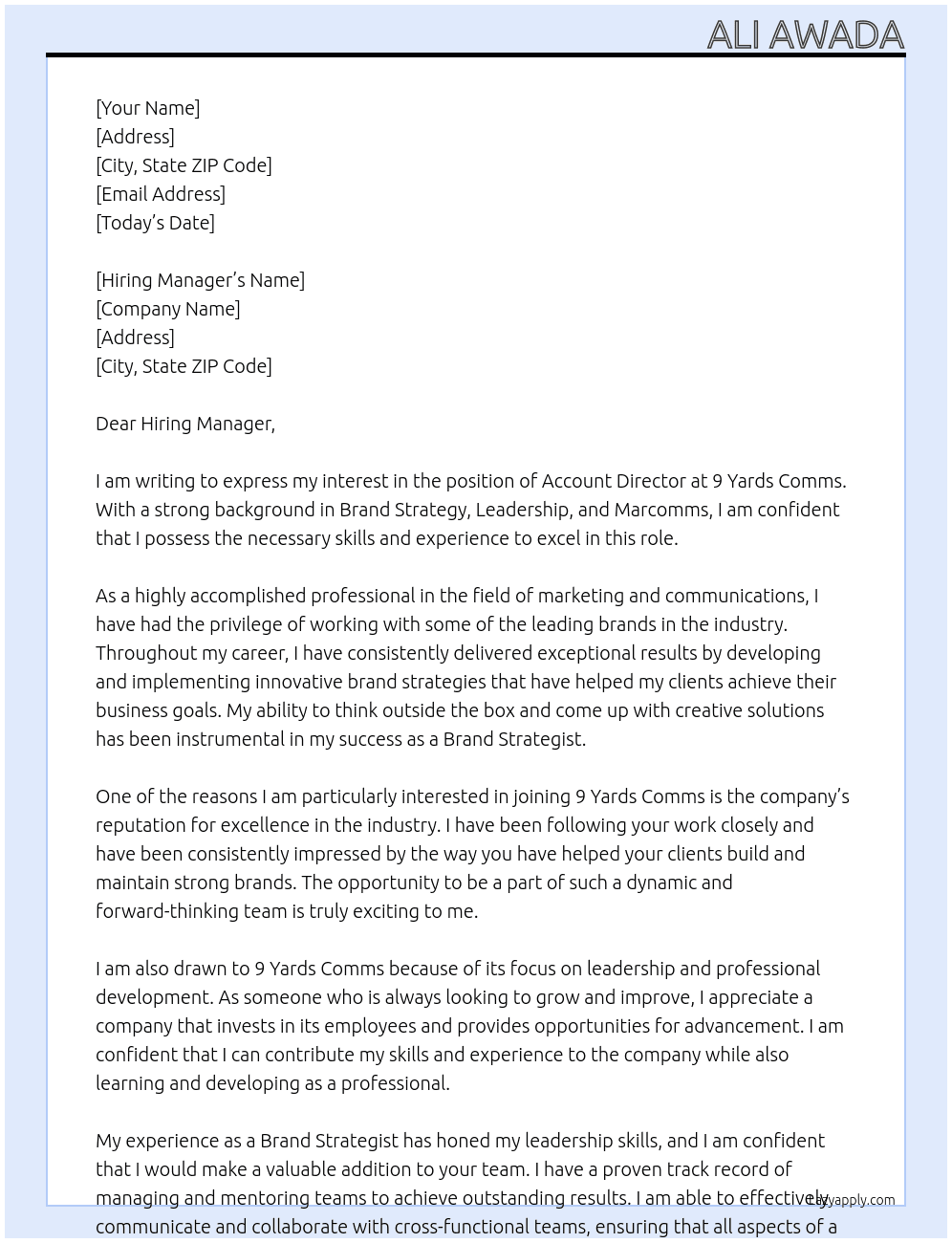 Account Director At 9 Yards Comms Cover Letter