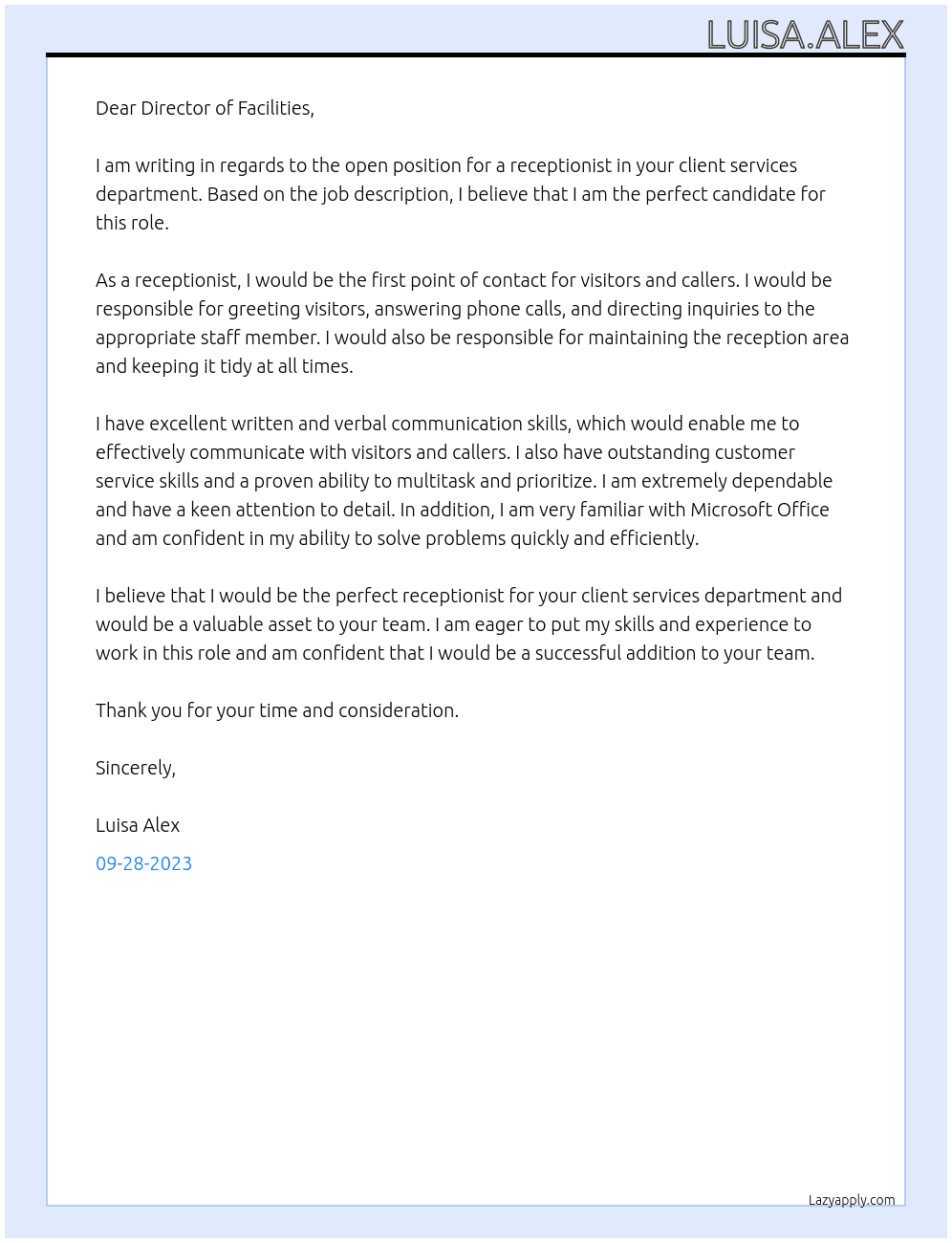 Receptionist, Client Services At NATIONAL SPORTS COUNCIL Cover Letter