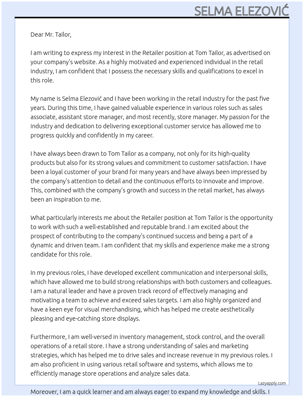 Retailer At Tom Tailor Cover Letter
