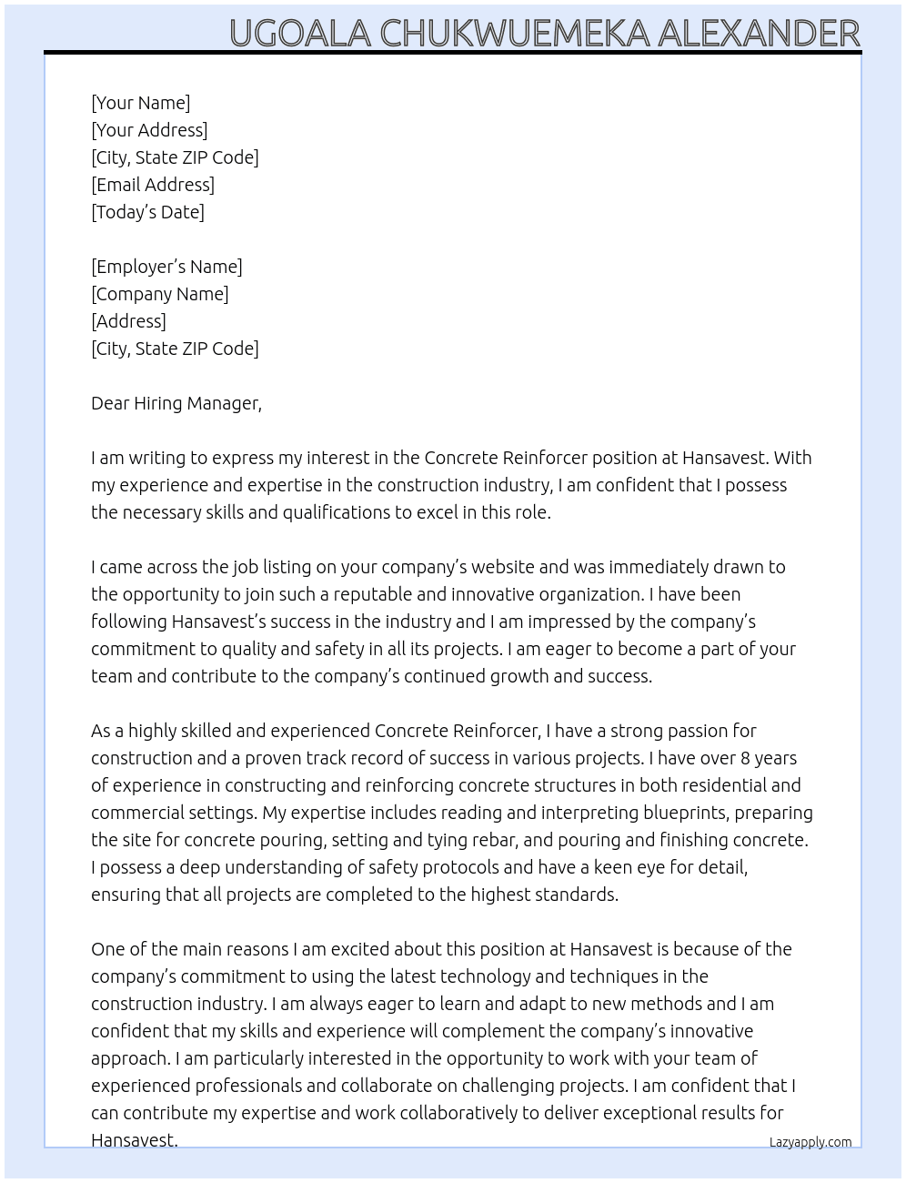 Concrete Reinforcer At Hansavest Cover Letter