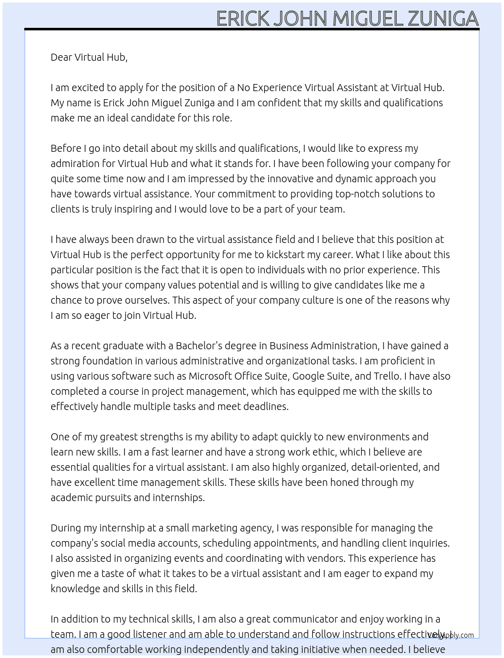 No experience Virtual Assistant At Virtual Hub Cover Letter