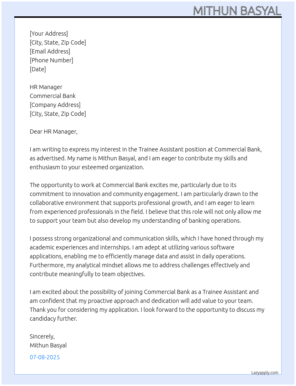Trainee Assistant  At Commercial Bank Cover Letter
