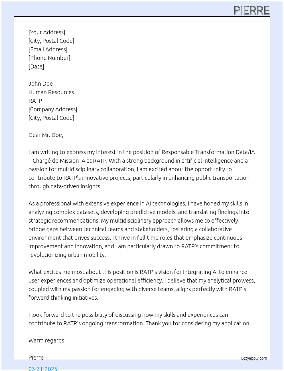 Responsable transformation Data/IA – Chargé de mission IA  At RATP Cover Letter
