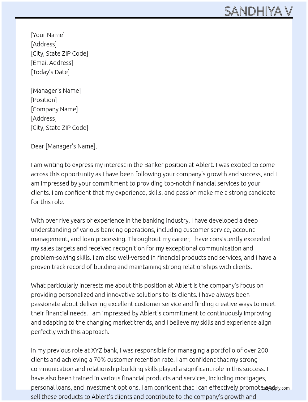 Banker At Ablert Cover Letter