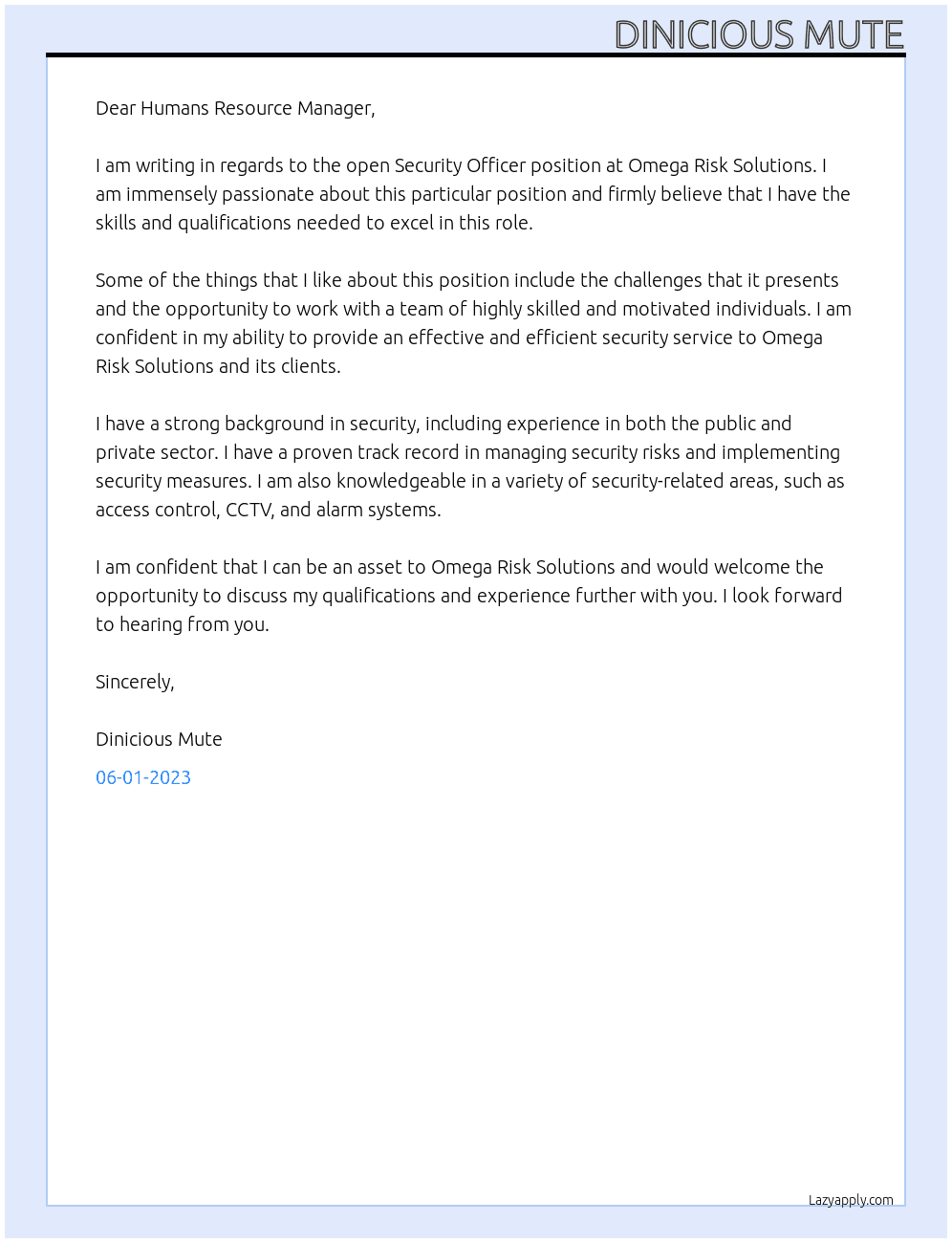 Security Officer At Omega Risk Solutions Cover Letter