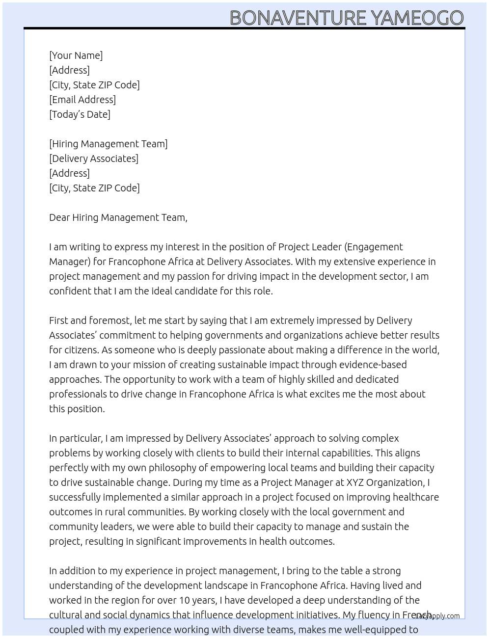 Project Leader (Engagement Manager) - Francophone Africa At Delivery Associates Cover Letter