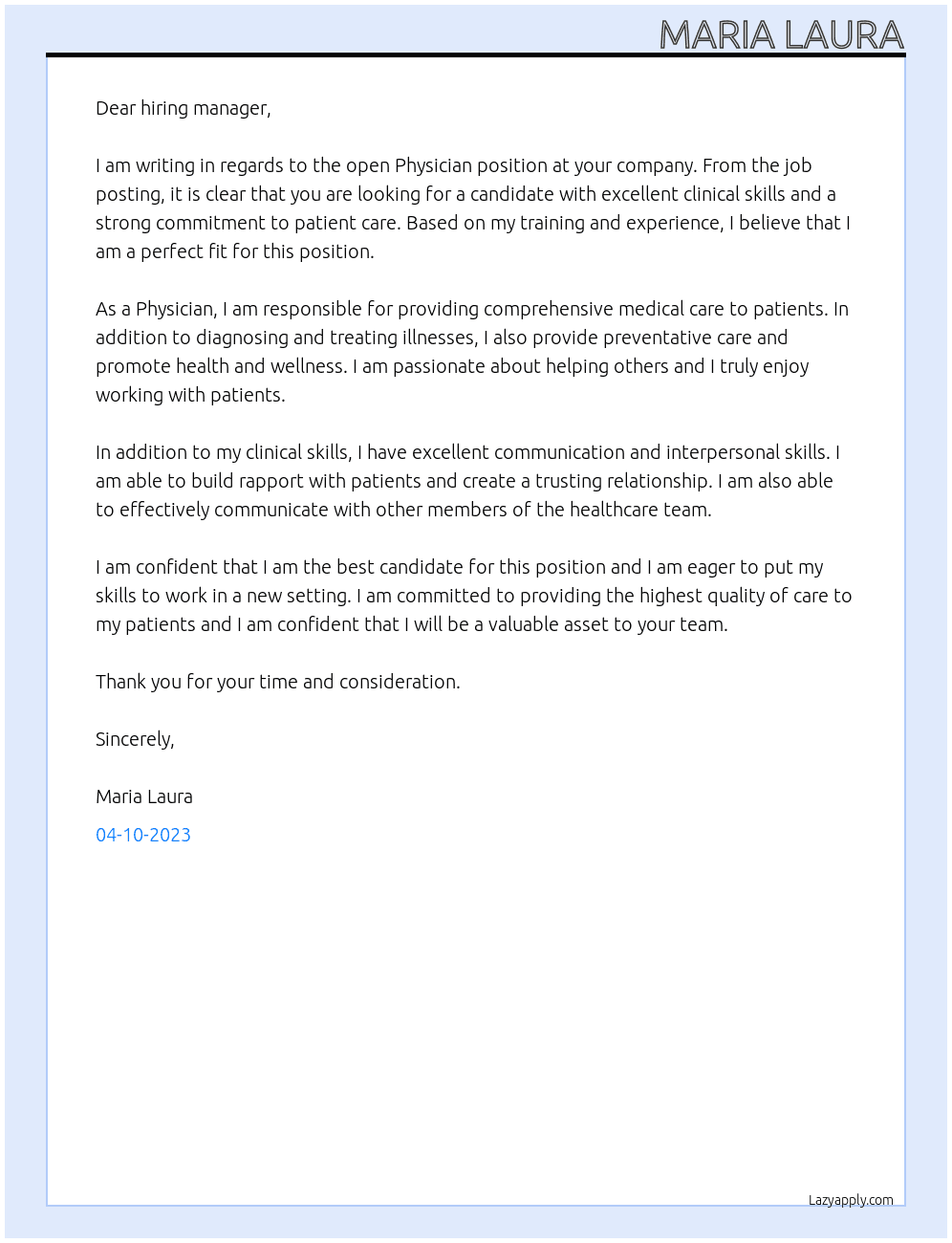 Phisycian At your job posting Cover Letter