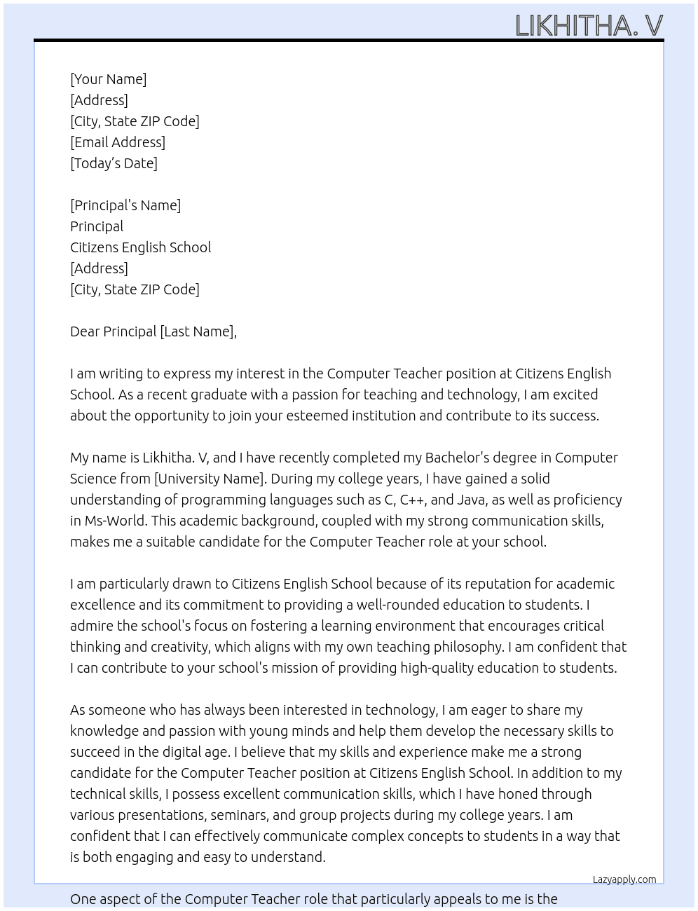 Computer Teacher  At Citizens English School  Cover Letter