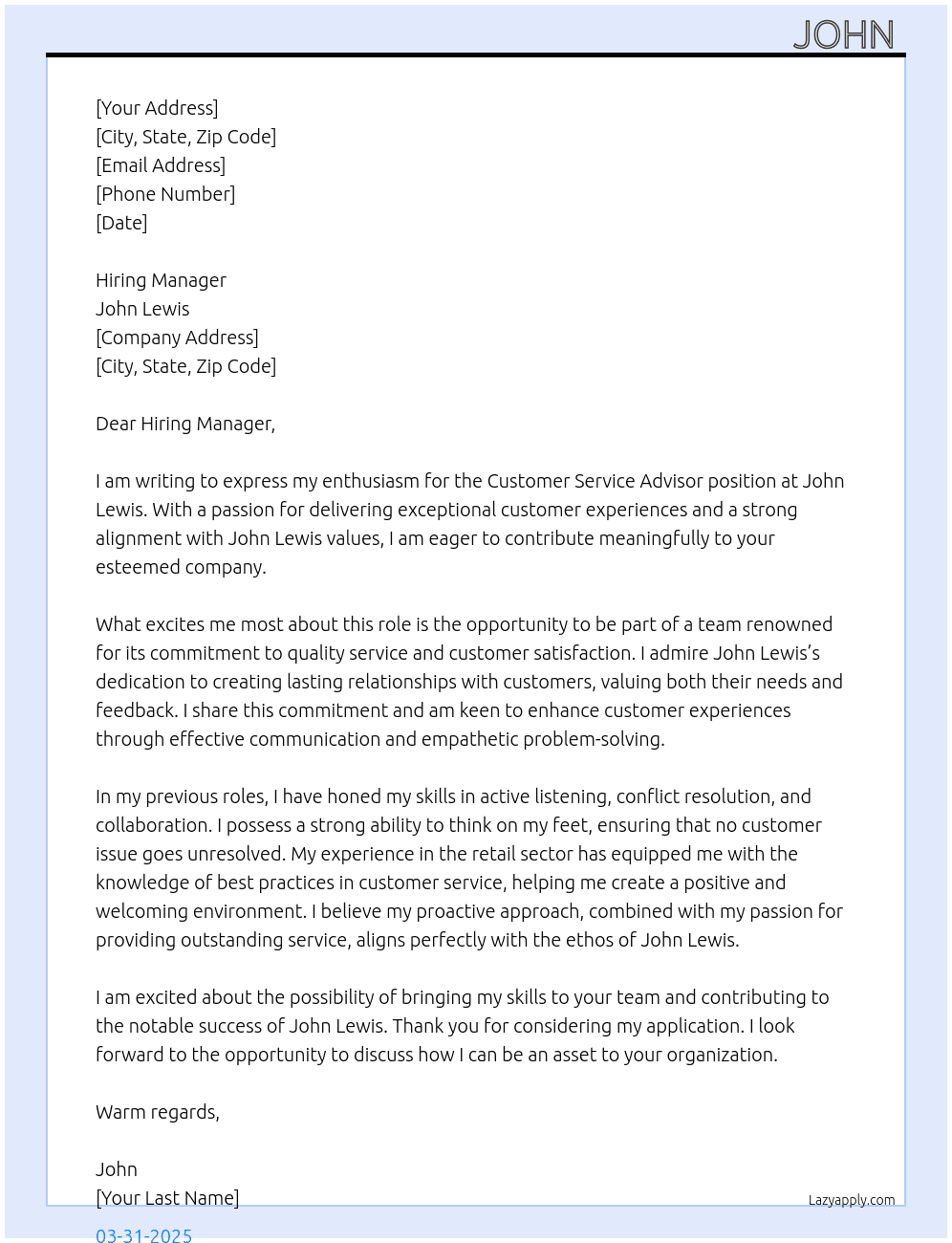 customer service advisor At John Lewis Cover Letter