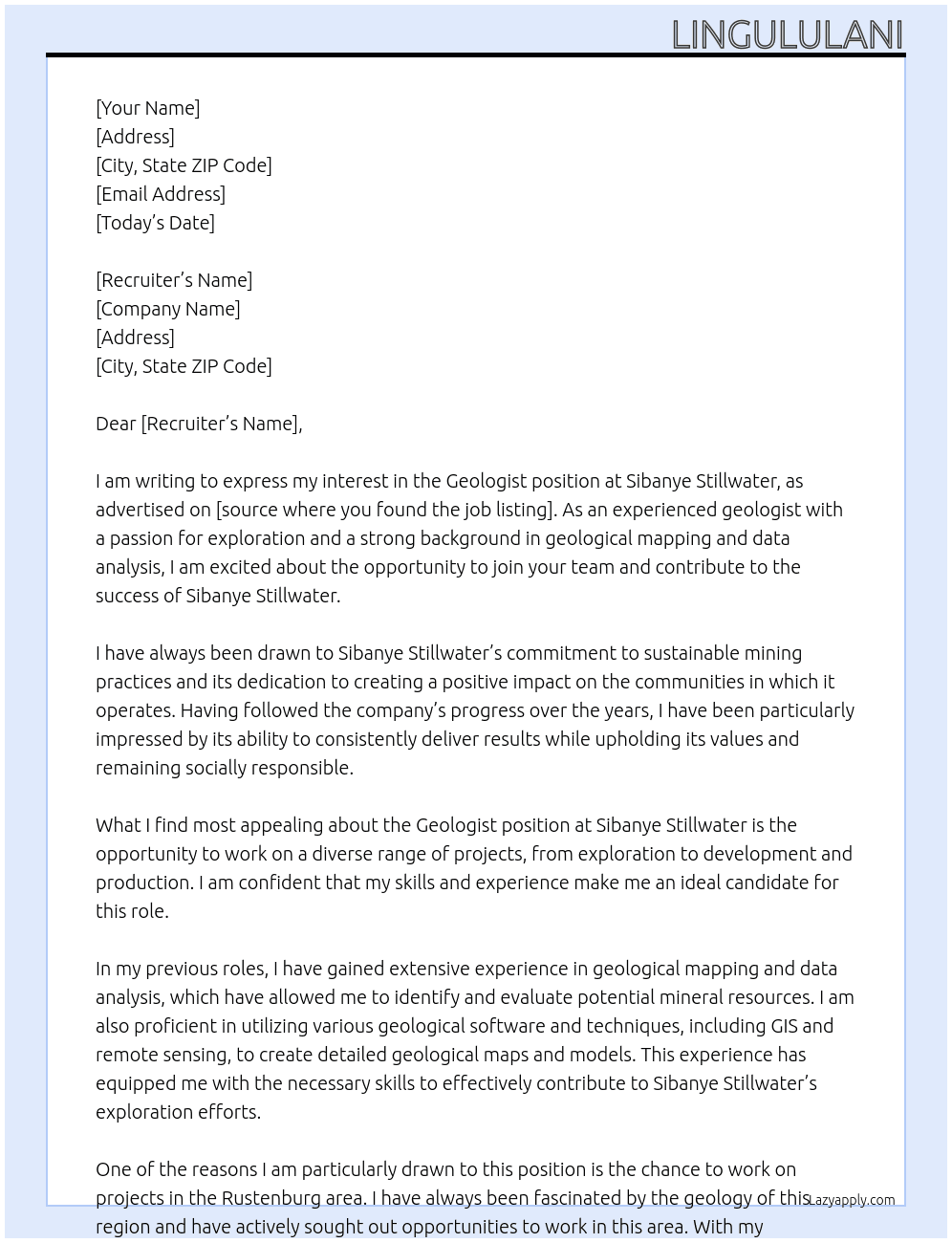geologist At sibanye stillwater Cover Letter