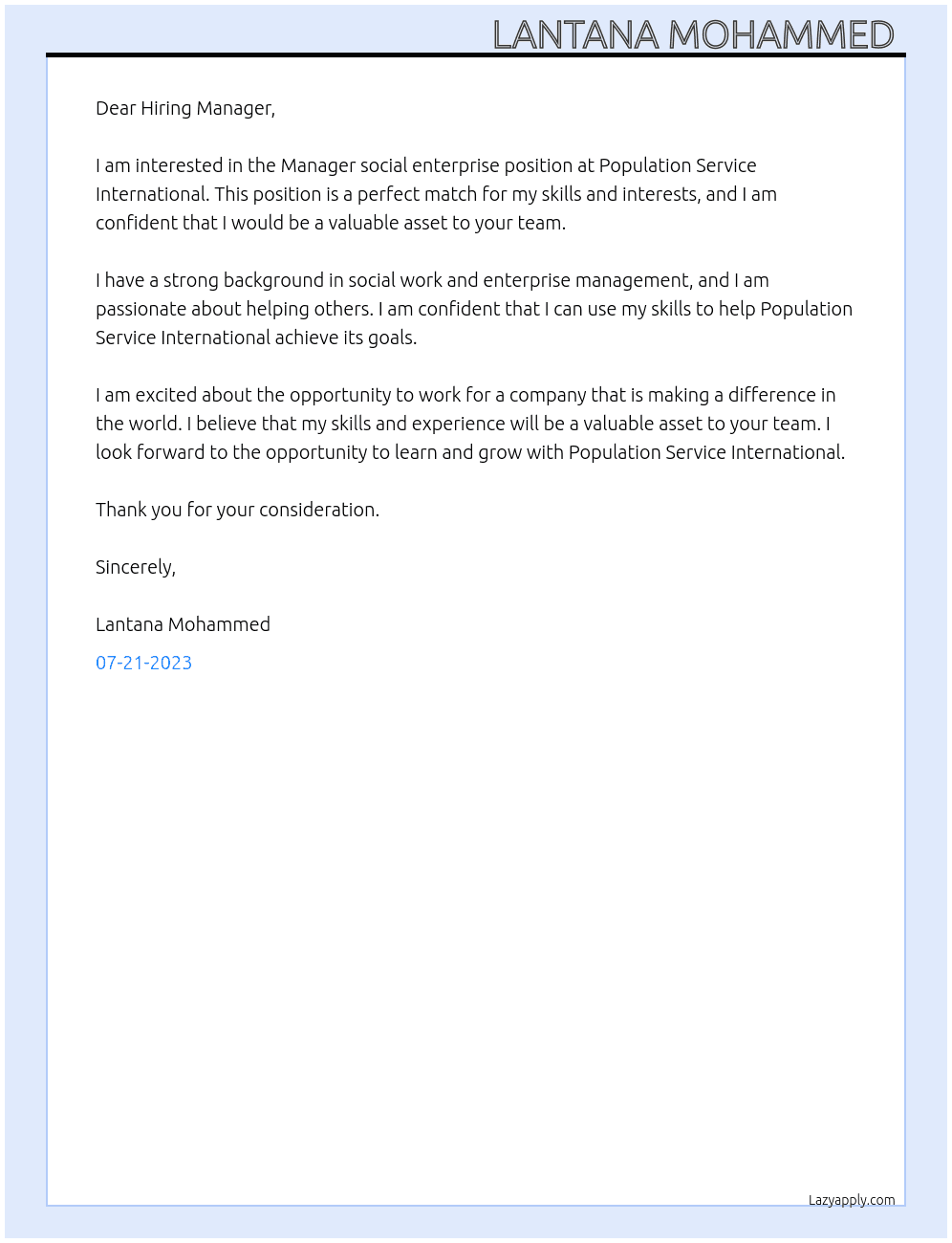 Manager social enterprise  At Population Service International  Cover Letter