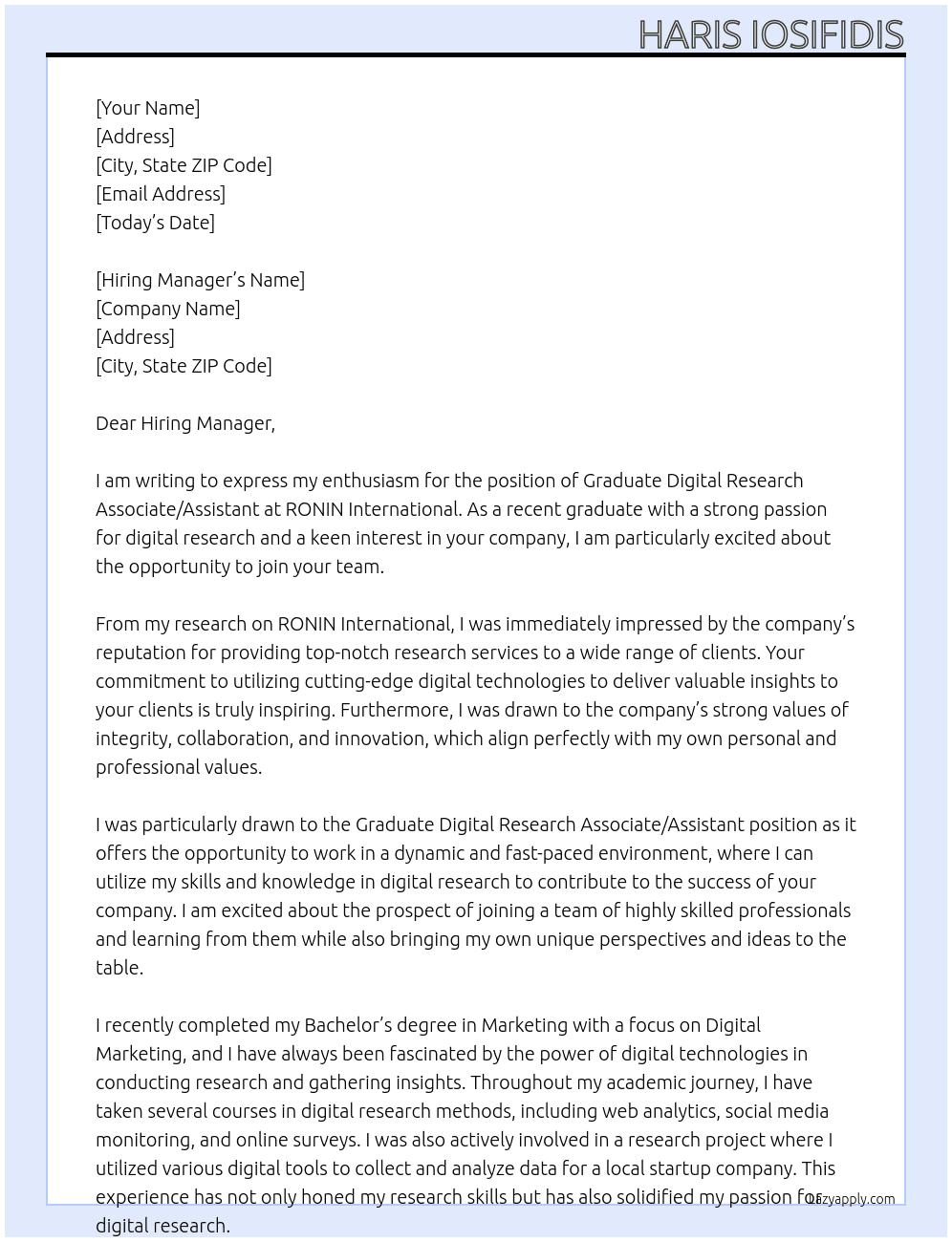 Graduate Digital Research Associate/Assistant At RONIN International Cover Letter