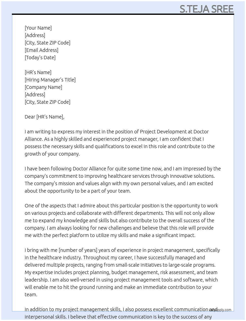project development At Doctor Alliance Cover Letter