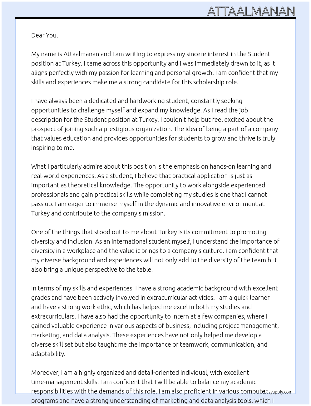 Student  At Turkey Cover Letter