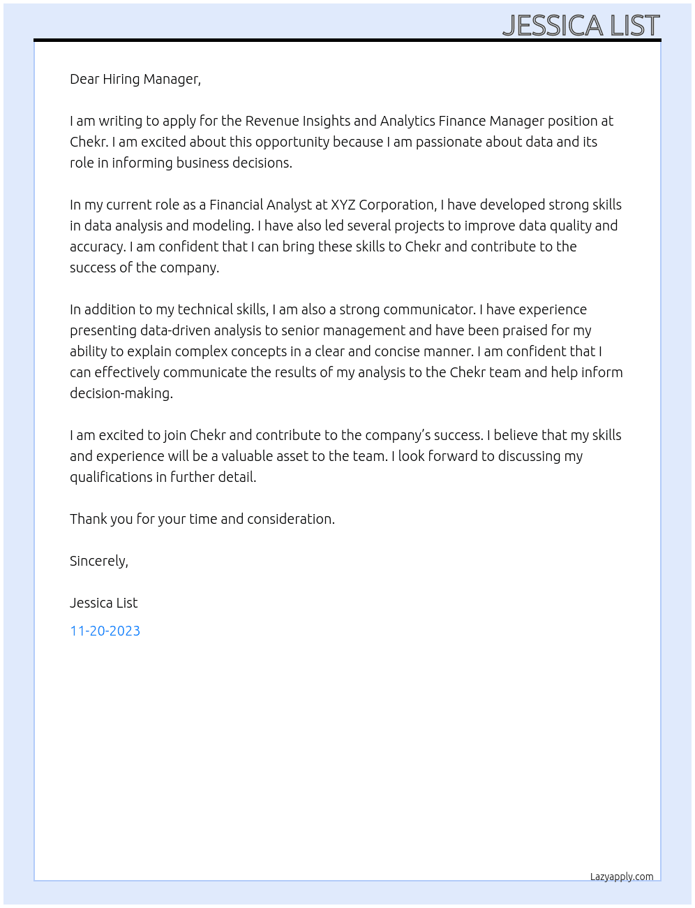 Revenue Insights and Analytics Finance Manager At Chekr Cover Letter