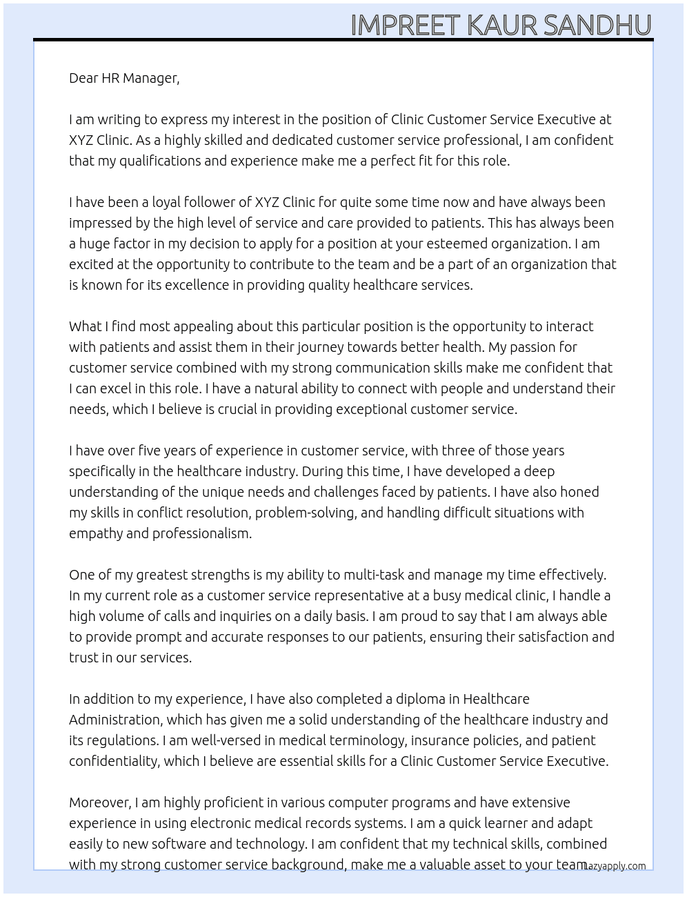Clinic Customer Service Executive At XYZ Clinic Cover Letter