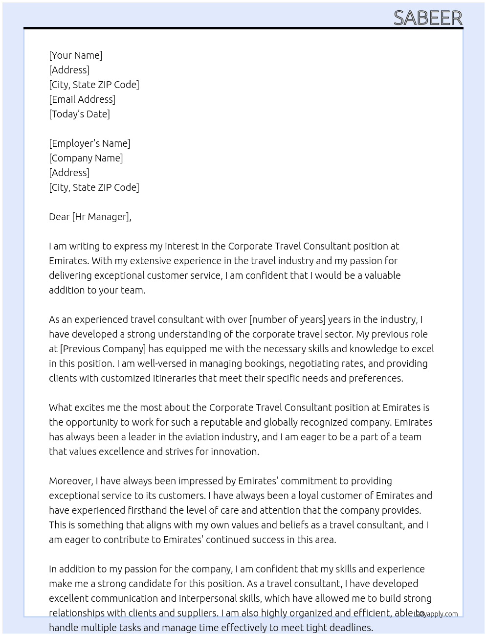 Corporate travel consultant  At Emirates  Cover Letter