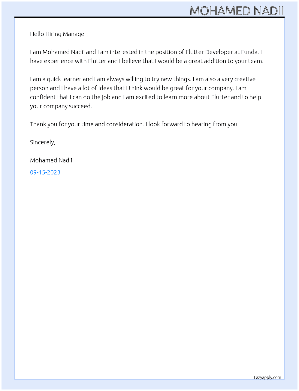 Flutter Developer At Funda Cover Letter