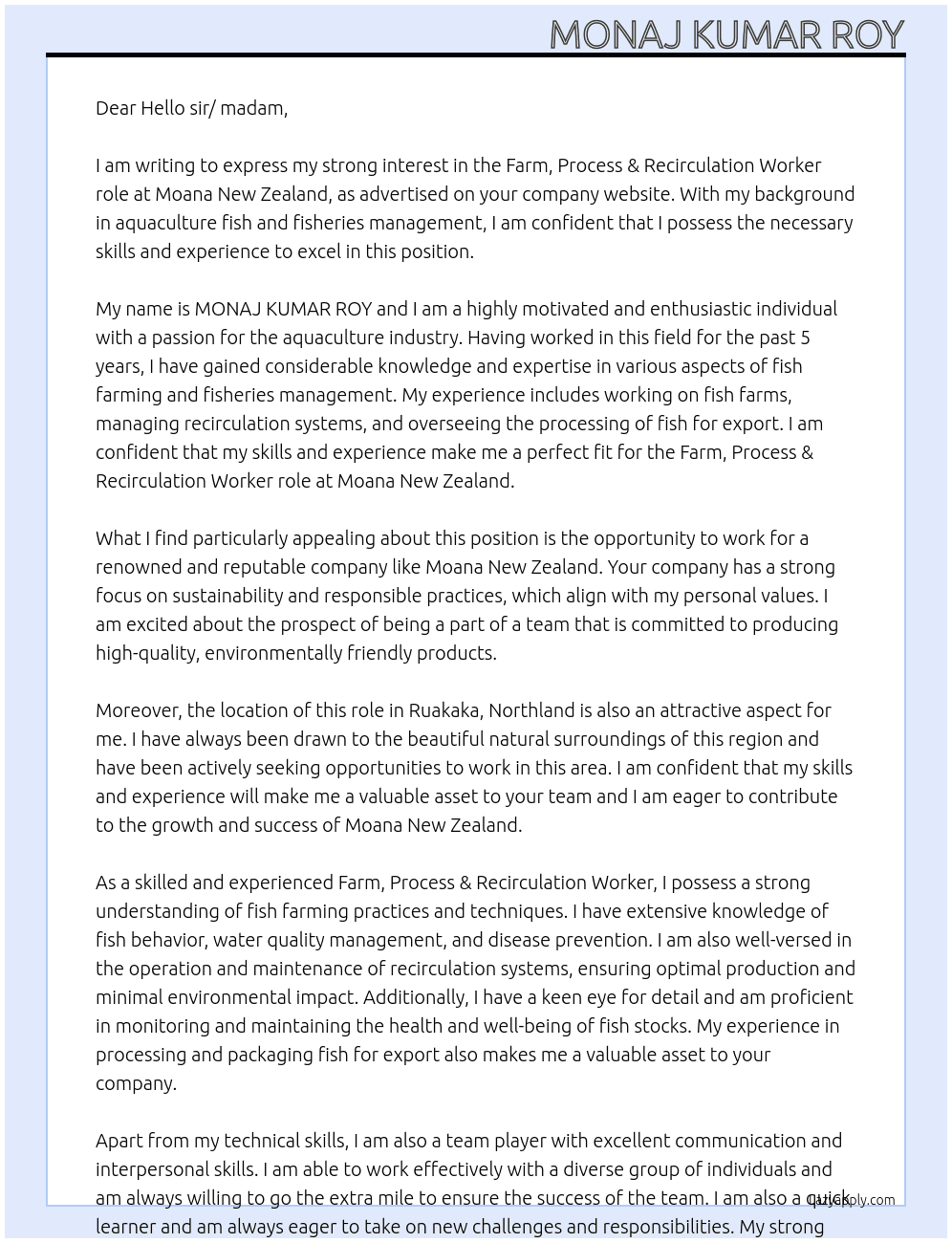 Farm, Process & Recirculation Worker At Moana New Zealand Cover Letter