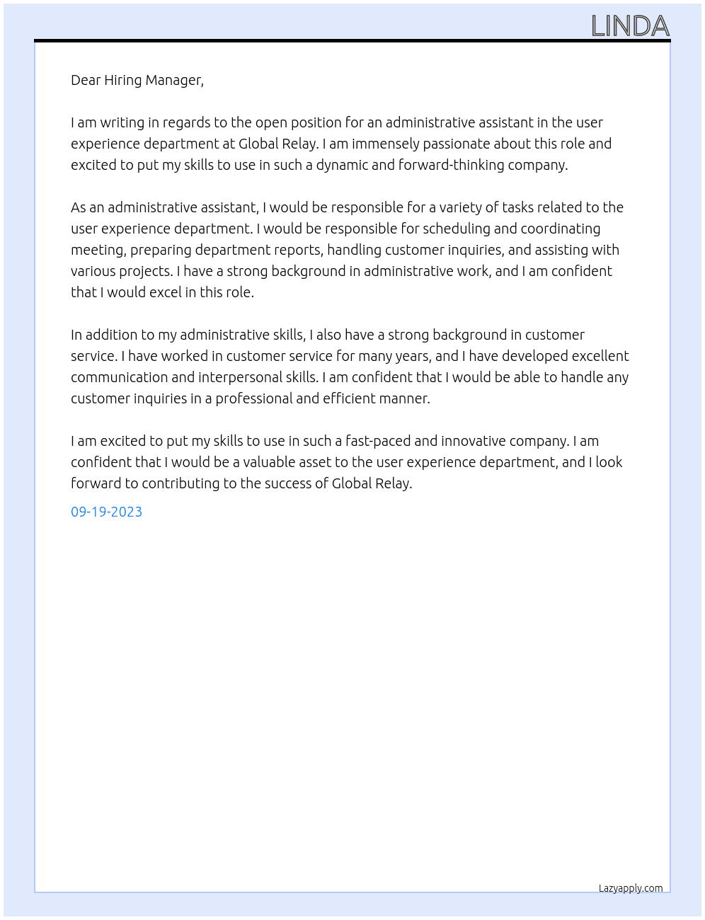 administrative assistant, user experience At global relay Cover Letter