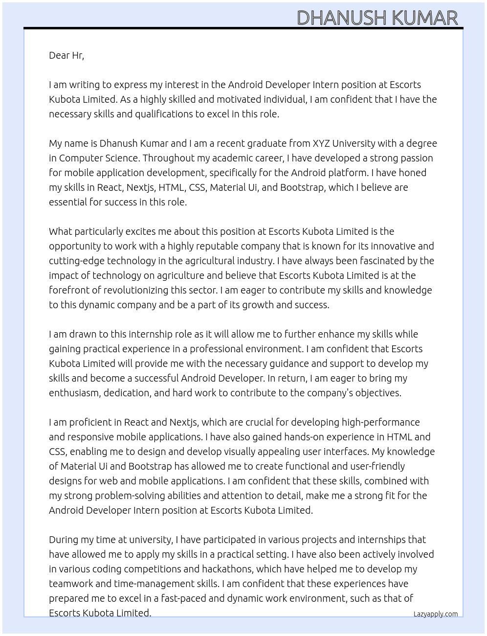 Android Developer Intern  At Escorts kubota limited  Cover Letter