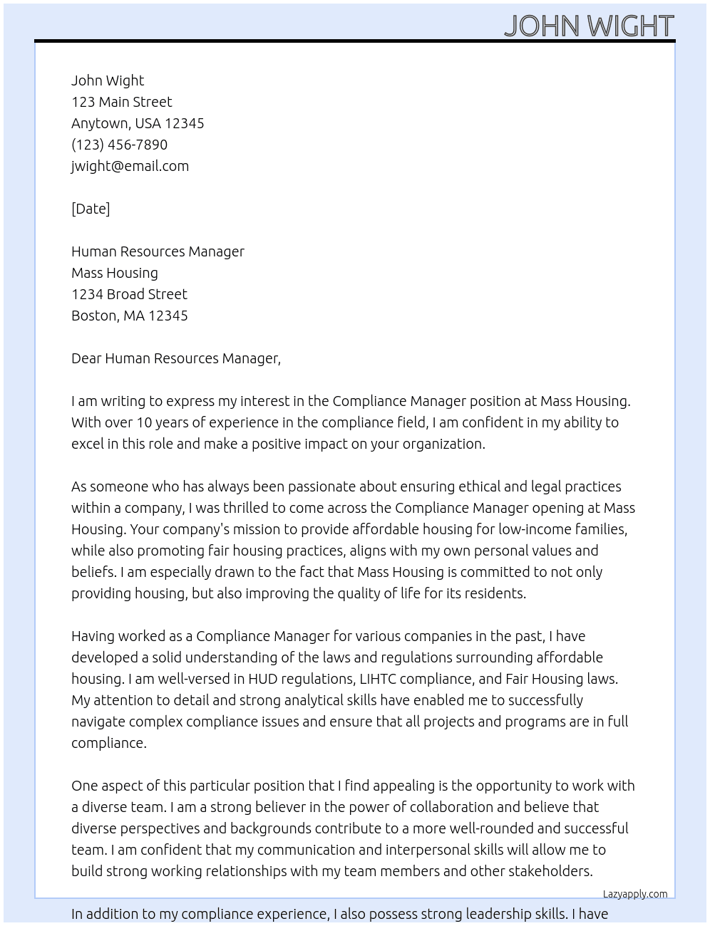 Compliance Manager At Mass Housing Cover Letter