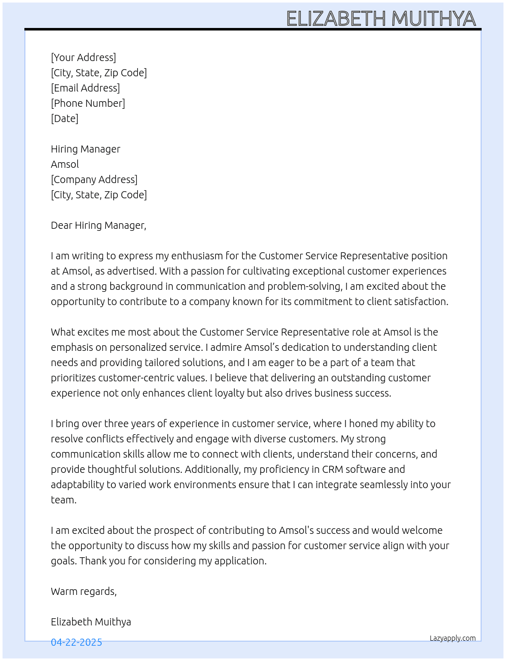Customer service representative  At Amsol Cover Letter