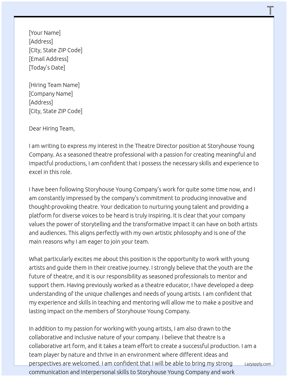 Theatre Director At Storyhouse Young Company Cover Letter