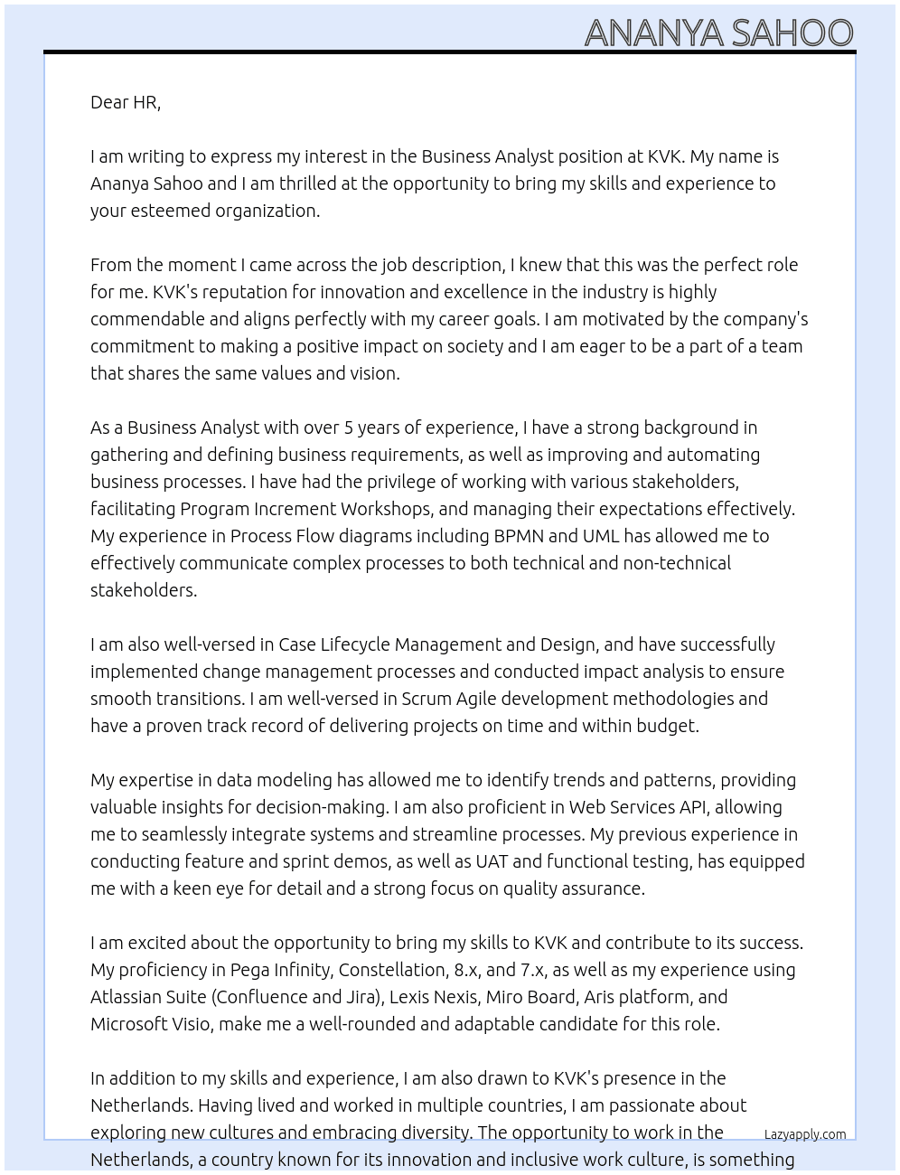 Business Analyst At KVK Cover Letter