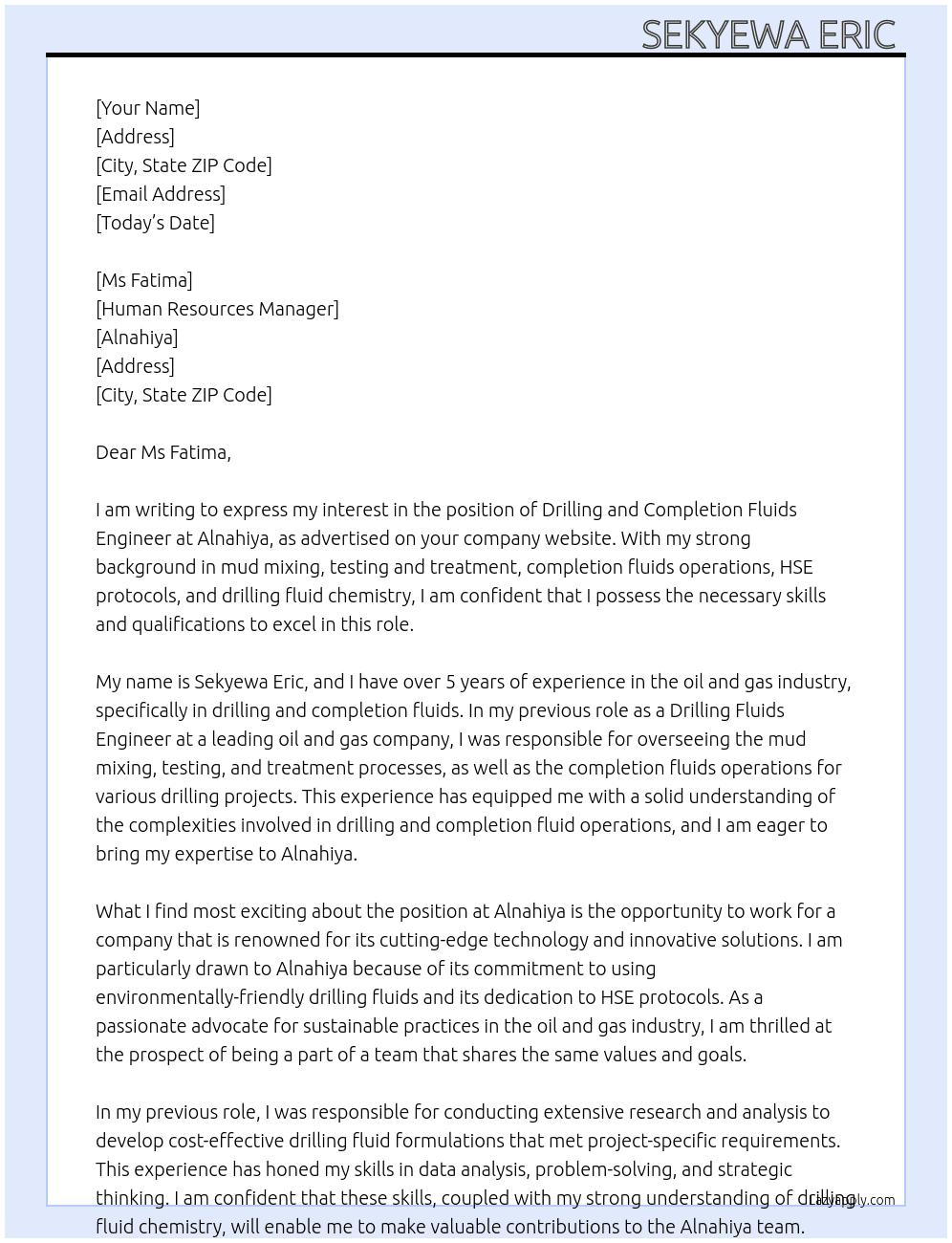 Drilling and completion fluids engineer  At Alnahiya  Cover Letter