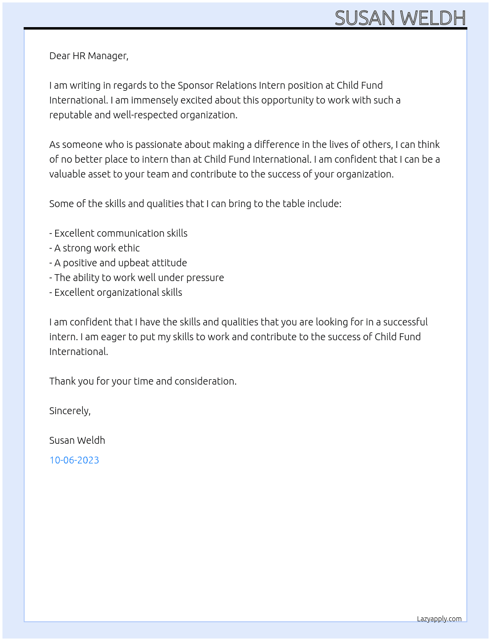 Sponsor relations intern At Child Fund International  Cover Letter