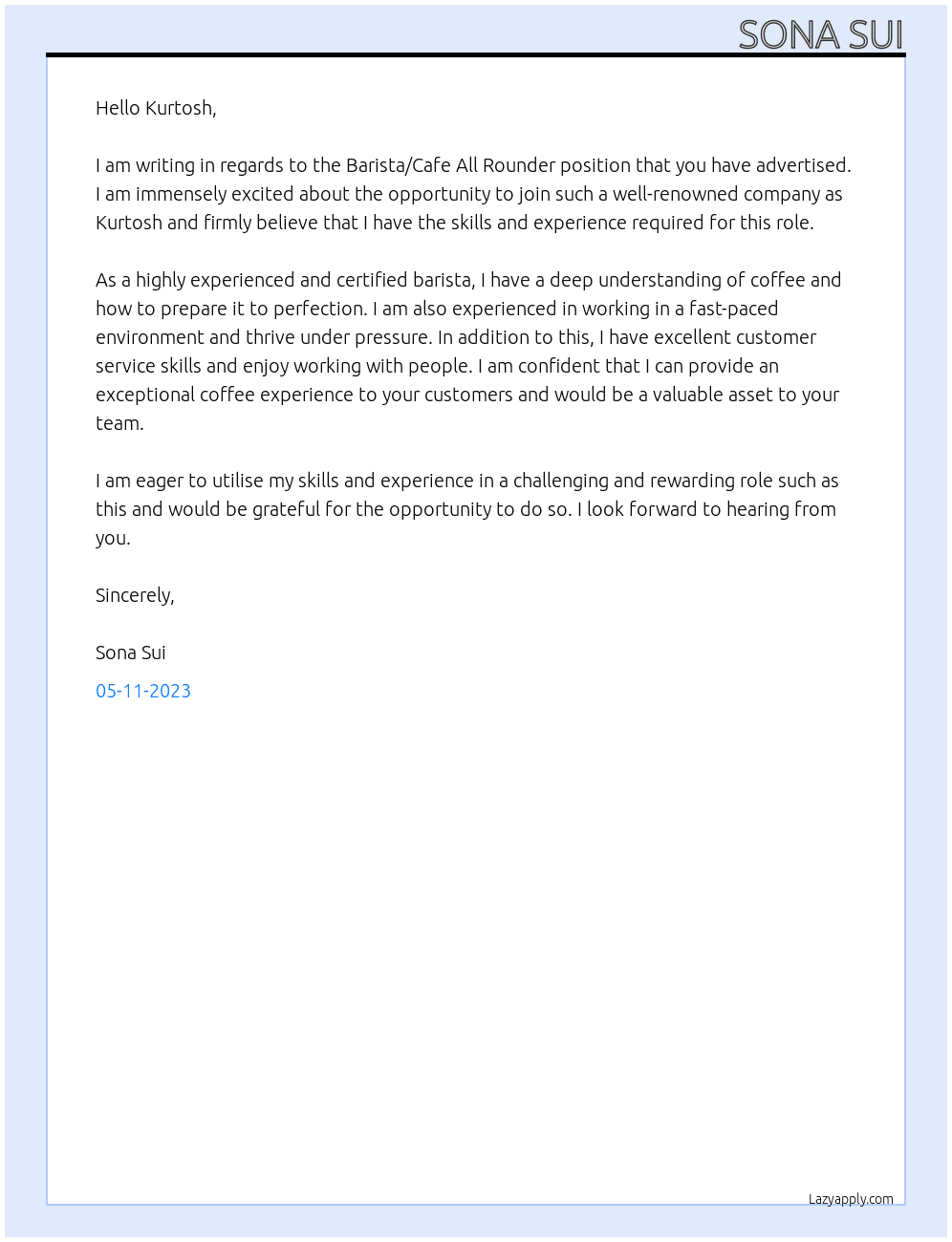 Barista / Cafe All Rounder At Kurtosh Cover Letter