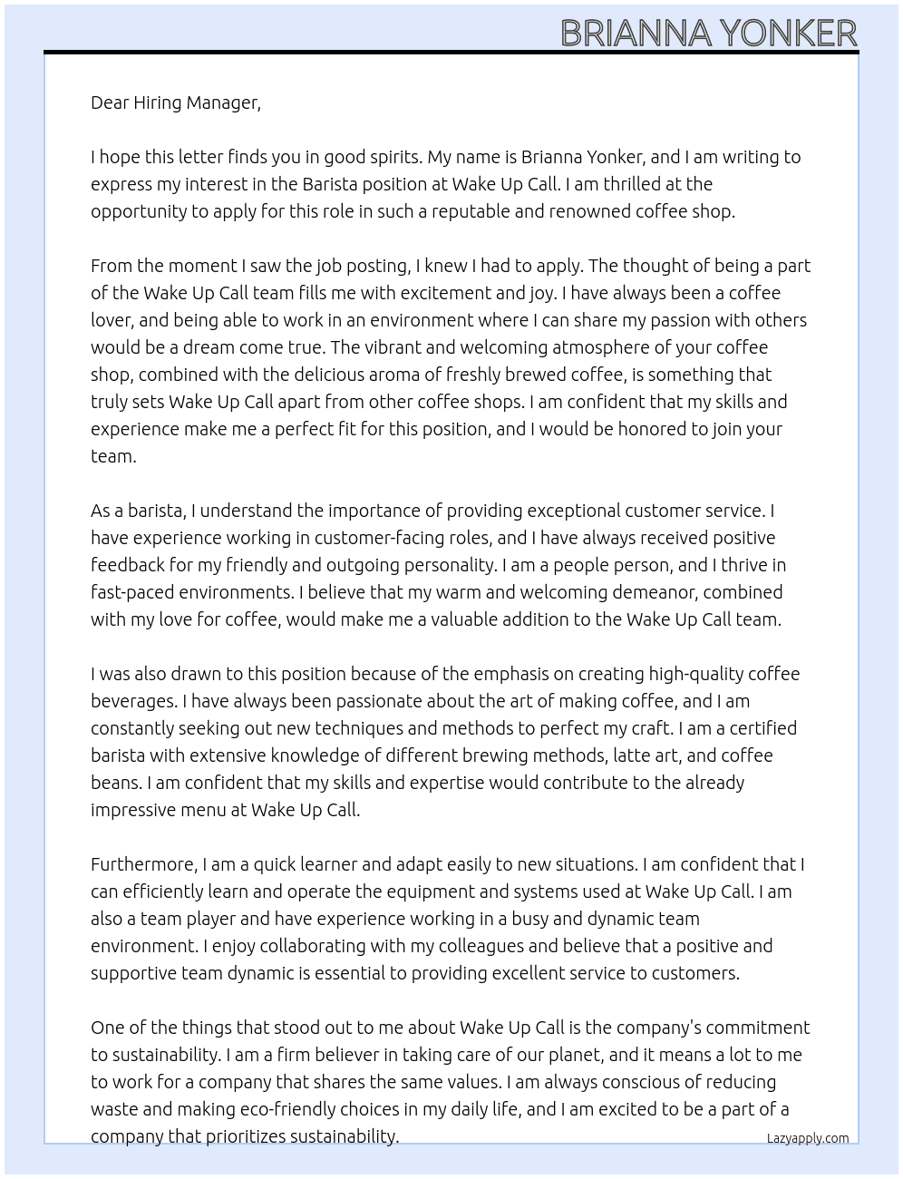 Barista At Wake Up Call Cover Letter