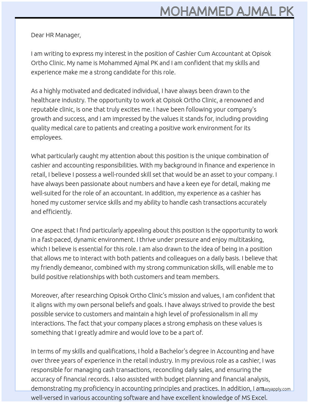 Cashier Cum Accountant At Opisok Ortho Clinic Cover Letter