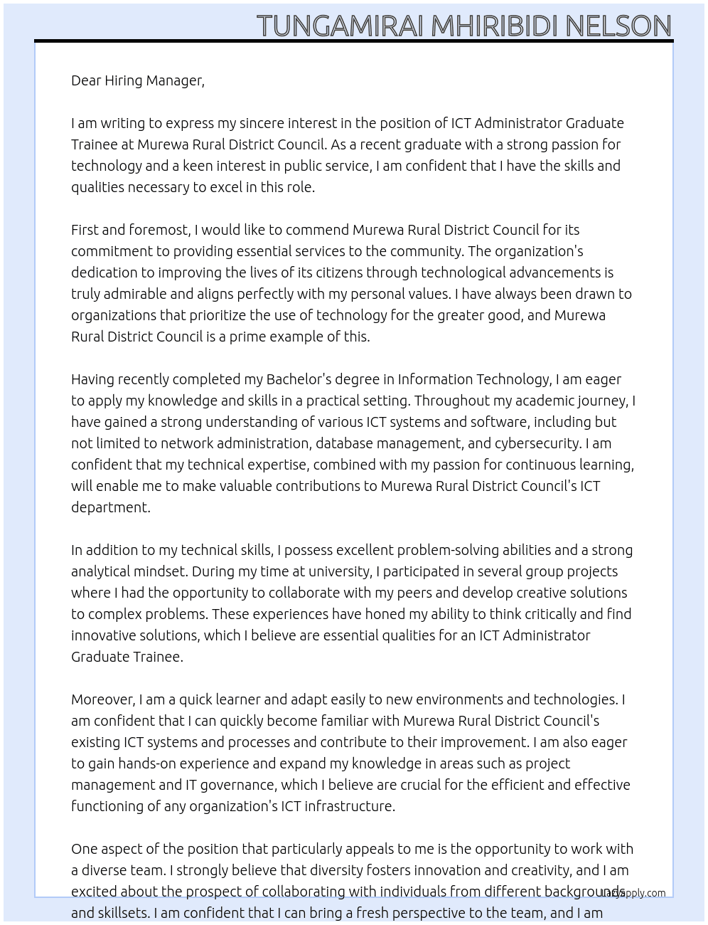ICT Administrator Graduate Trainee At Murewa Rural District Council Cover Letter