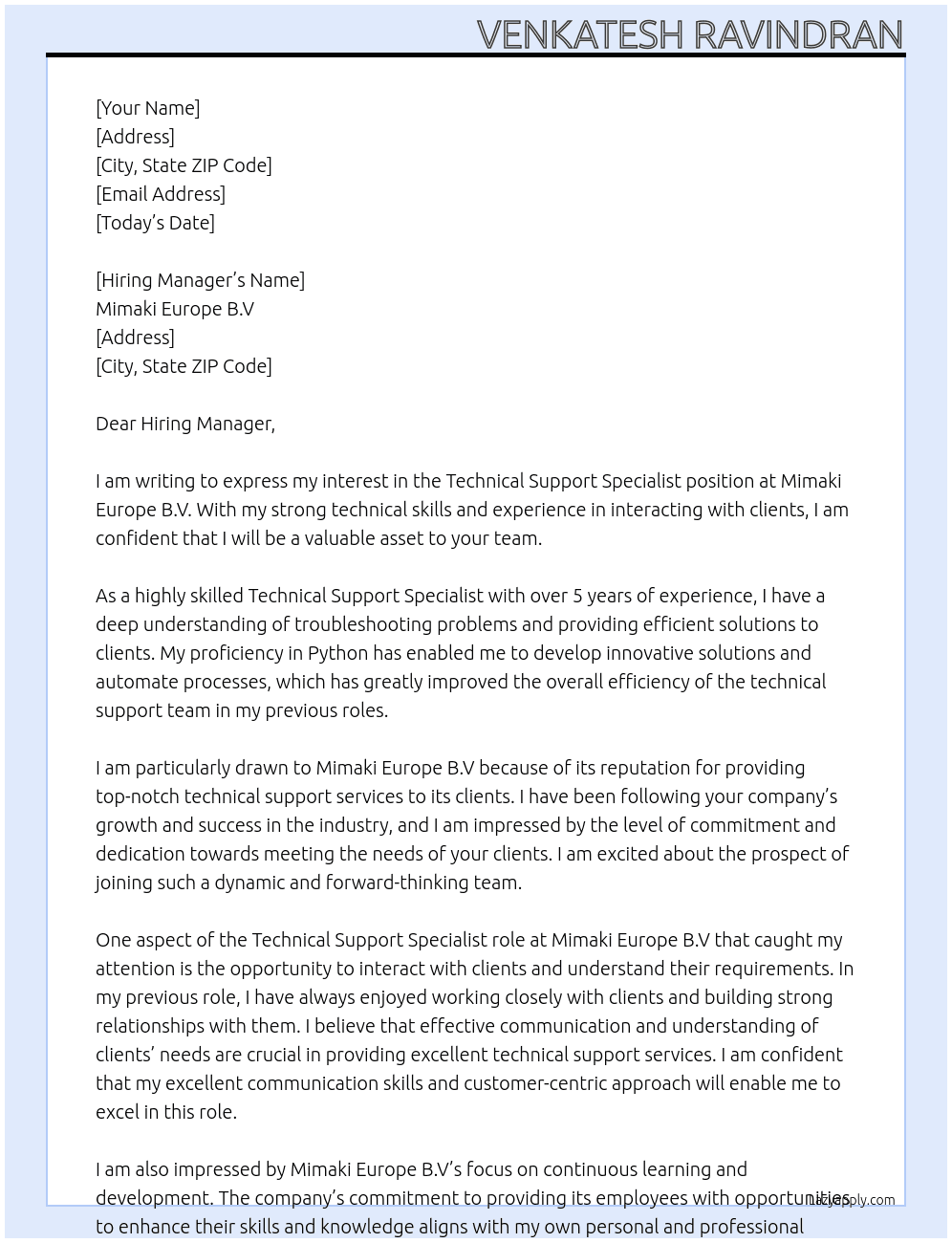 Technical Support Specialist At Mimaki Europe B.V Cover Letter