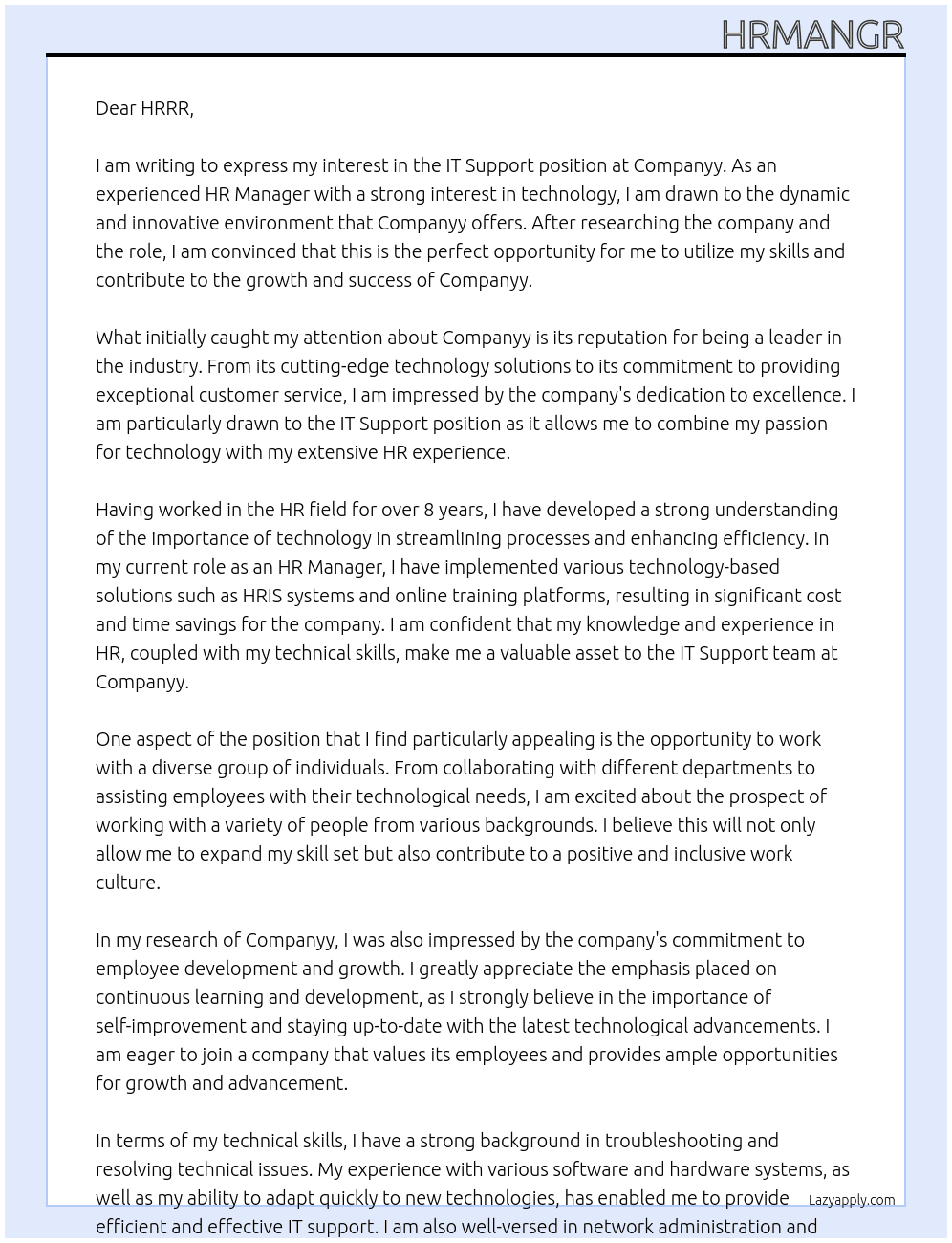 IT Support At Companyy Cover Letter