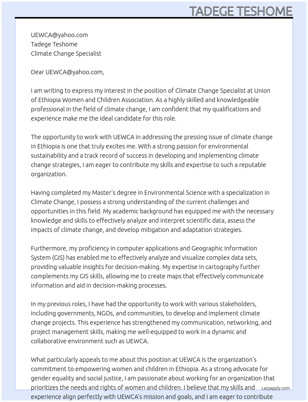 Climate change specialist  At Union of Ethiopia  women and children  Association  Cover Letter