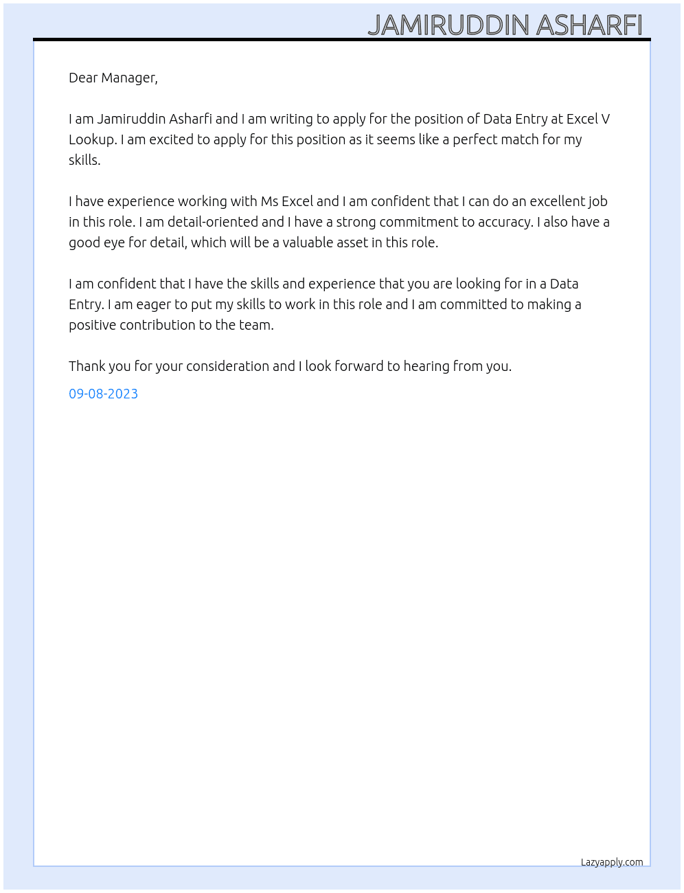 Data entry  At Excel V lookup Cover Letter