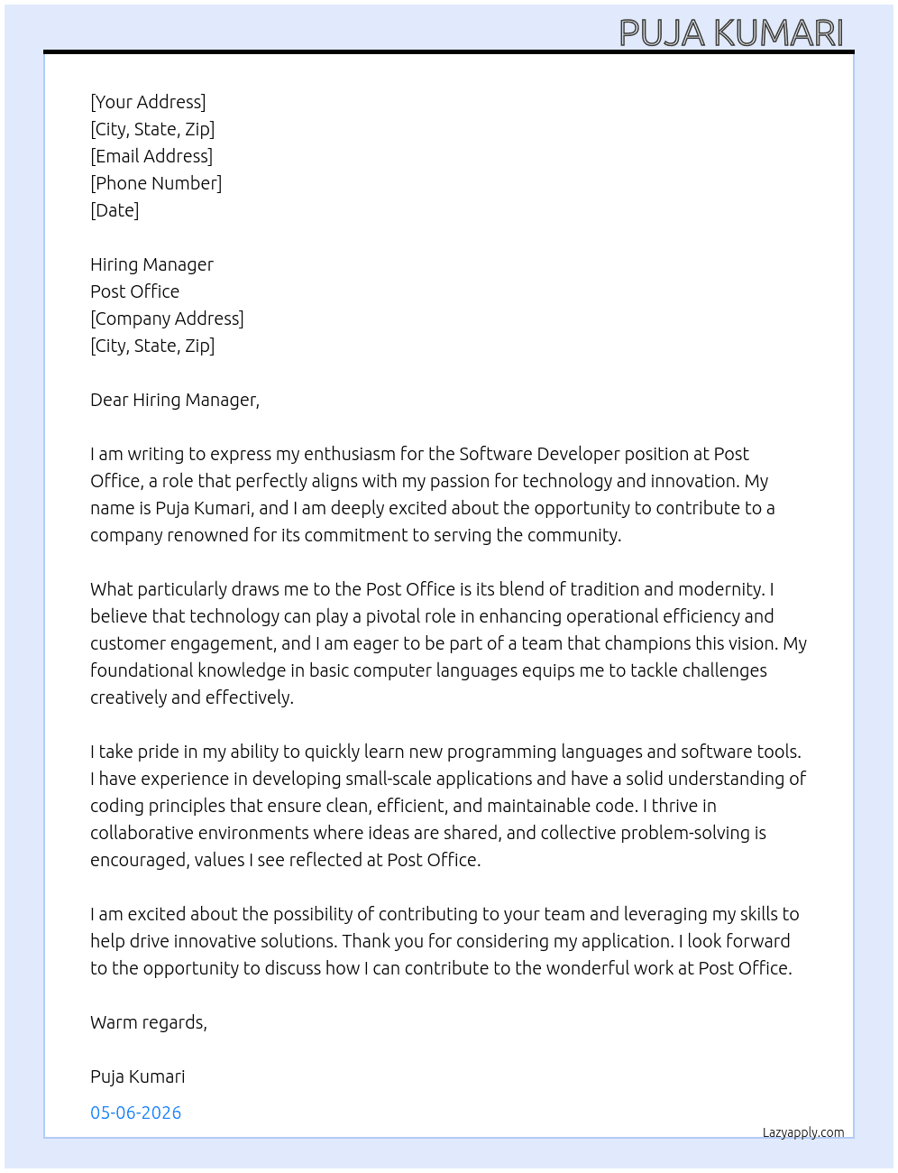 Software developer At Post office Cover Letter