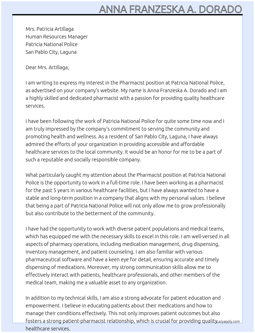 Pharmacist At Patricia National Police Cover Letter