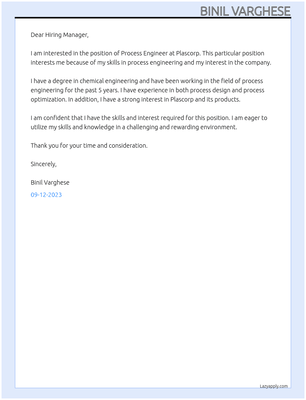 Process Engineer At Plascorp Cover Letter