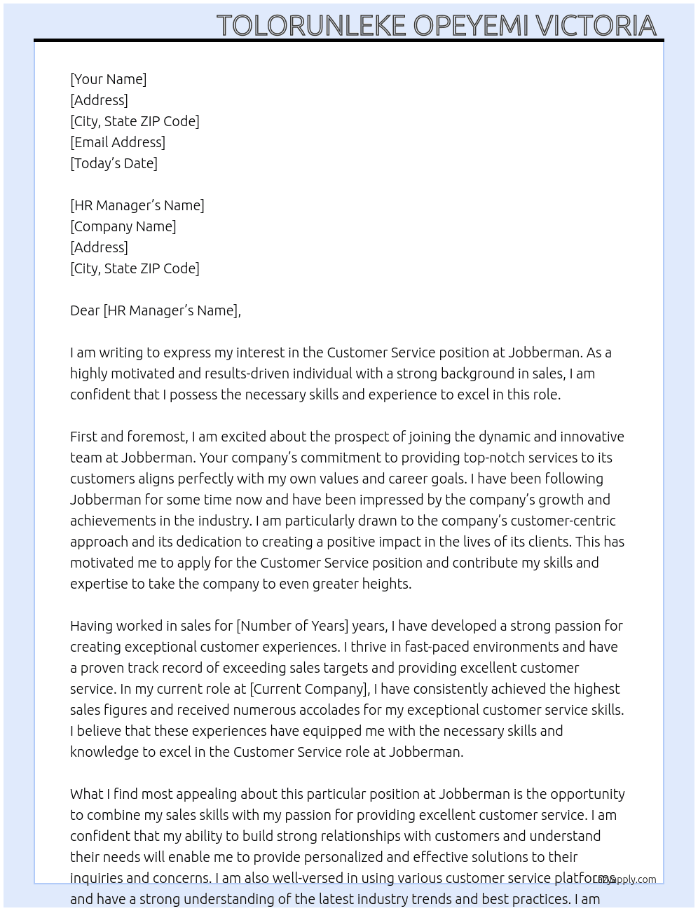 Customer service  At Jobberman  Cover Letter