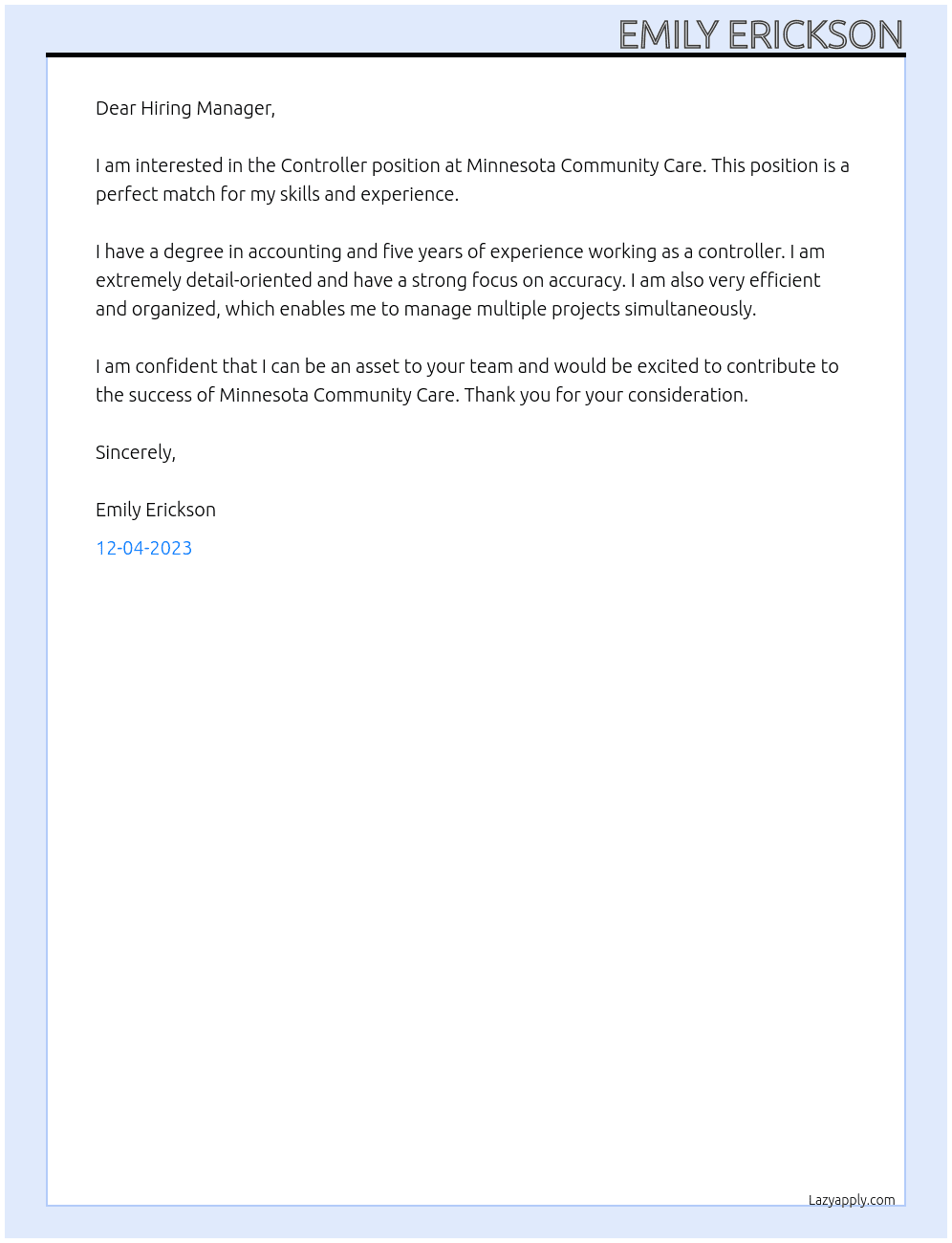 Controller At Minnesota Community Care Cover Letter