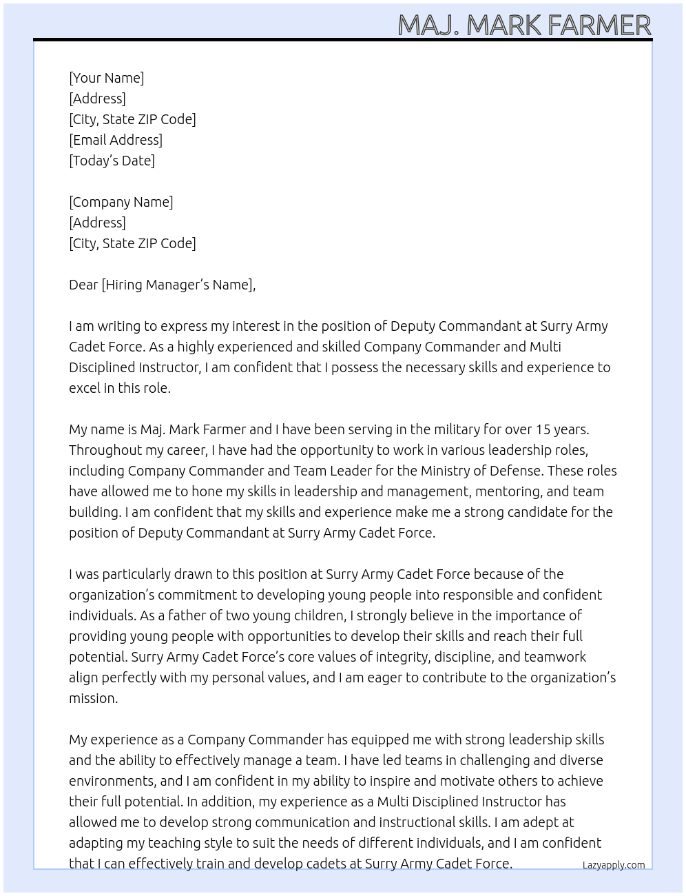 Deputy Commandant At Surry Army Cadet Force Cover Letter