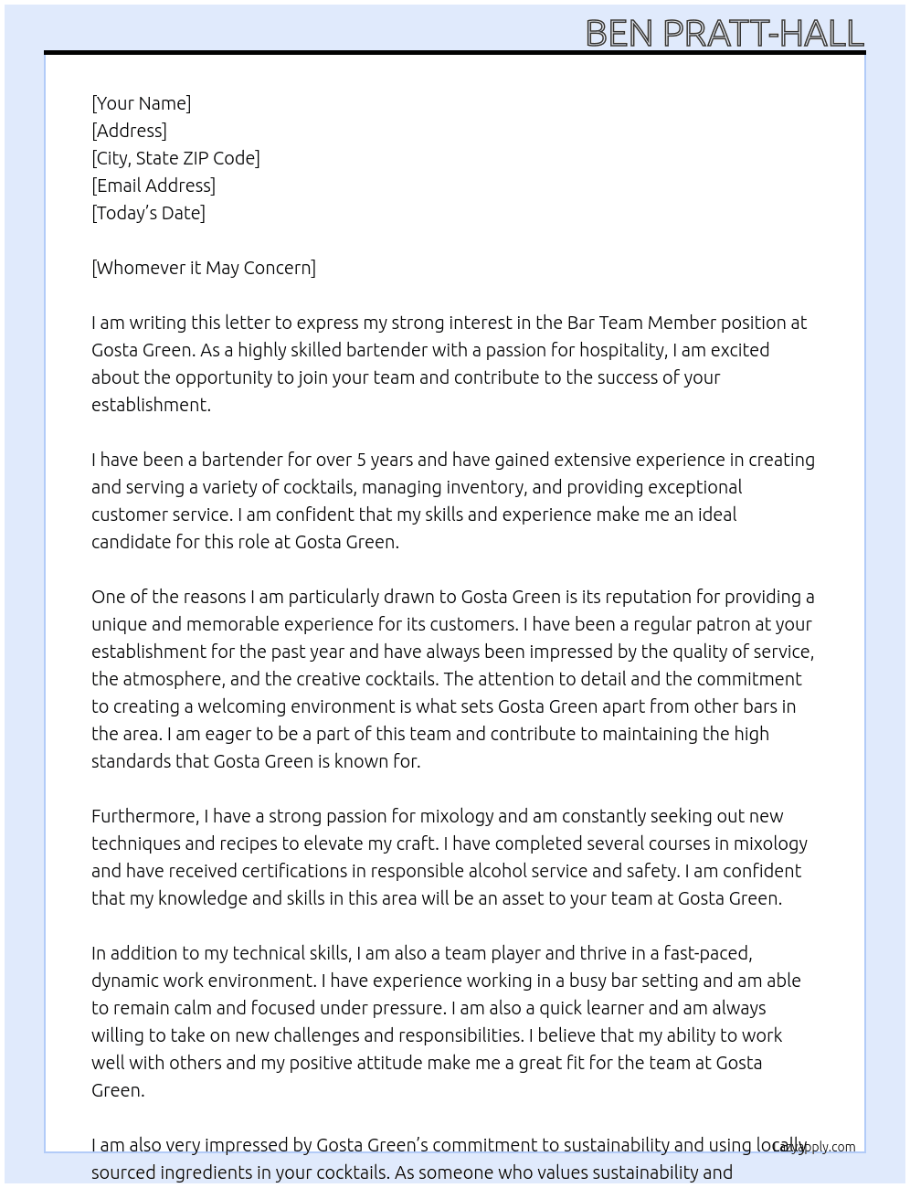 Bar Team Member At Gosta Green Cover Letter