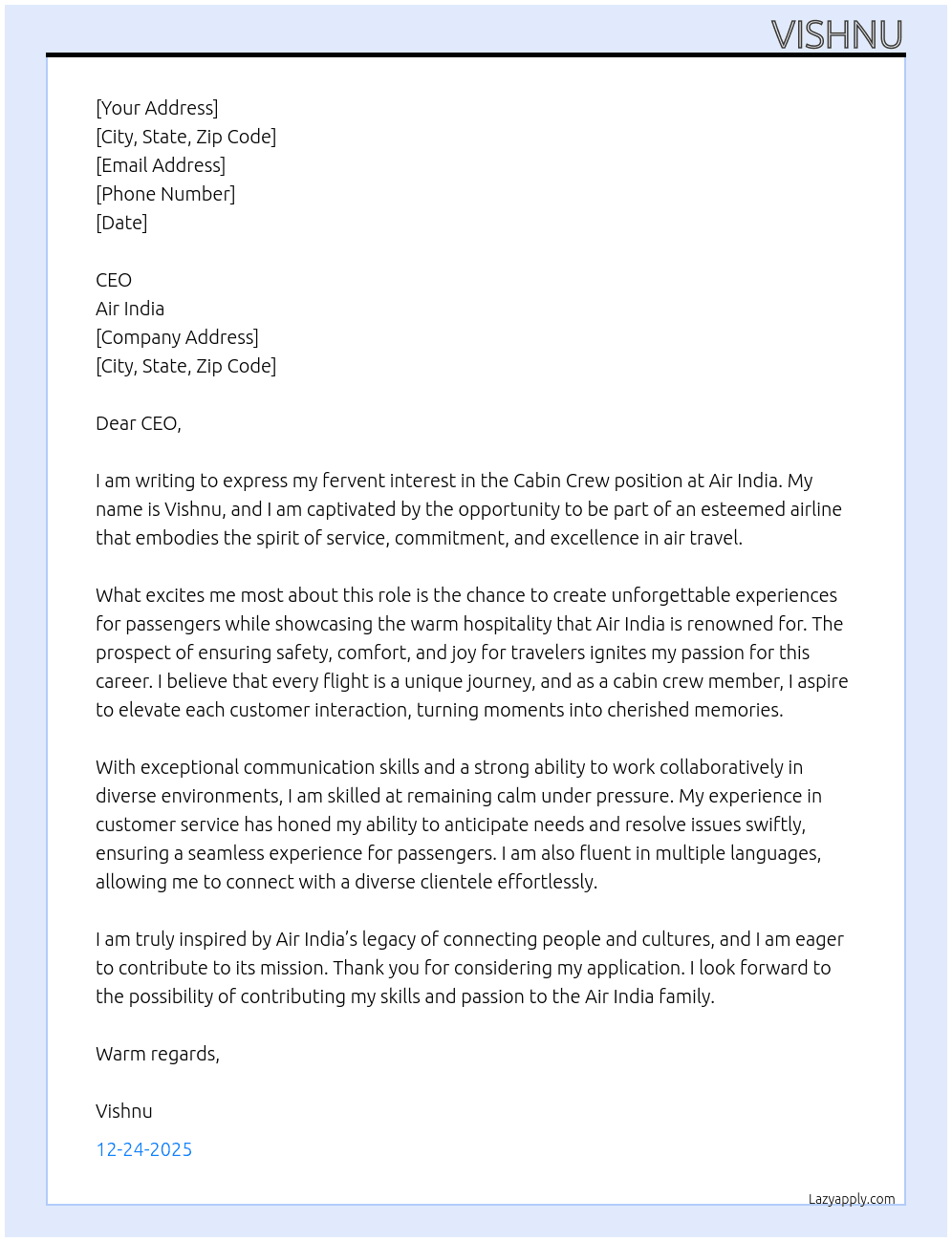  CABIN CREW  At AIR INDIA  Cover Letter