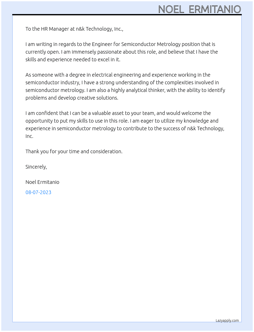 Engineer for Semiconductor Metrology At n&k Technology, Inc. Cover Letter